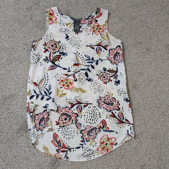 CHELSEA & THEODORE White/Pink Floral Chiffon Sleeveless Pullover Top; Size S - Picture 1 of 4